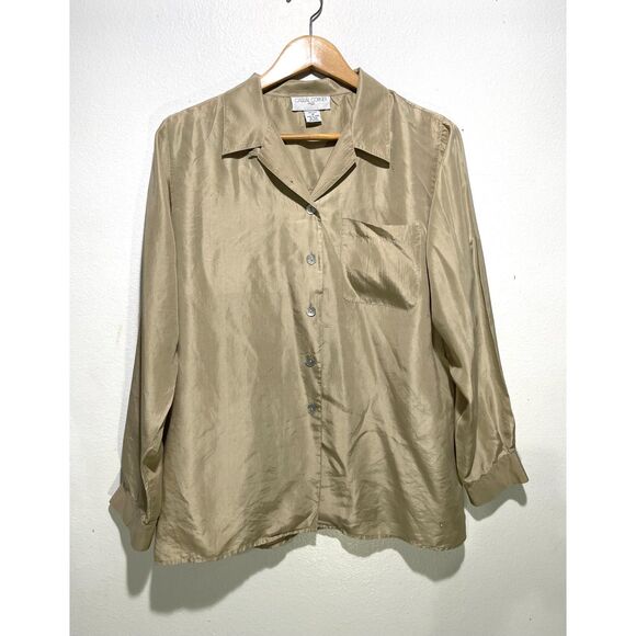 Casual Corner silk button up shirt neutral chapman brown minimalist women M - Picture 1 of 5